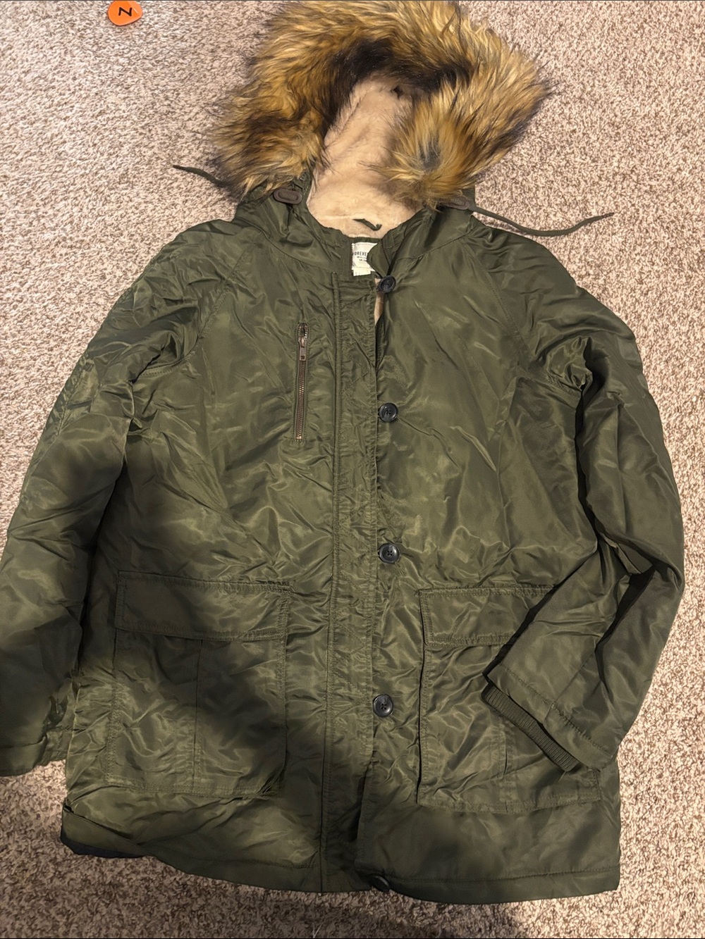 Forever 21 Olive Green Faux Fur Hooded Puffer Coat